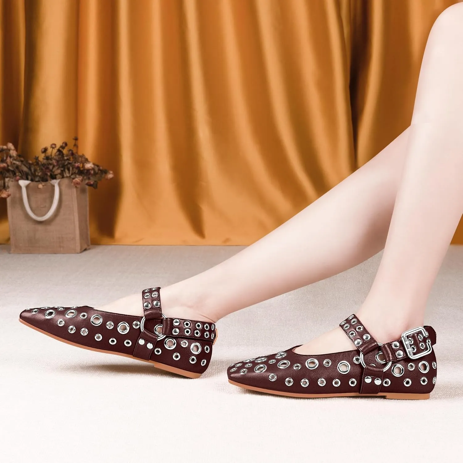 100FIXEO Women's Buckle Ballet Flats Punk Square Toe Studded Grommet Mary Jane Shoes