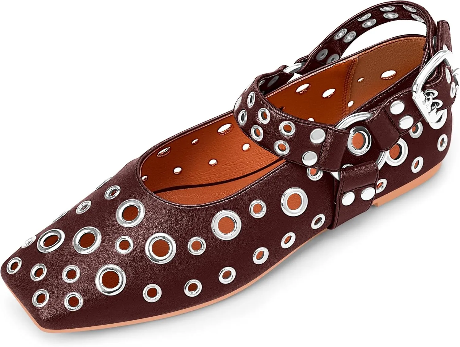 100FIXEO Women's Buckle Ballet Flats Punk Square Toe Studded Grommet Mary Jane Shoes