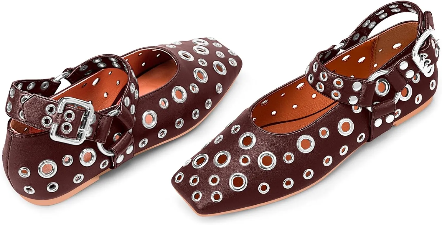 100FIXEO Women's Buckle Ballet Flats Punk Square Toe Studded Grommet Mary Jane Shoes