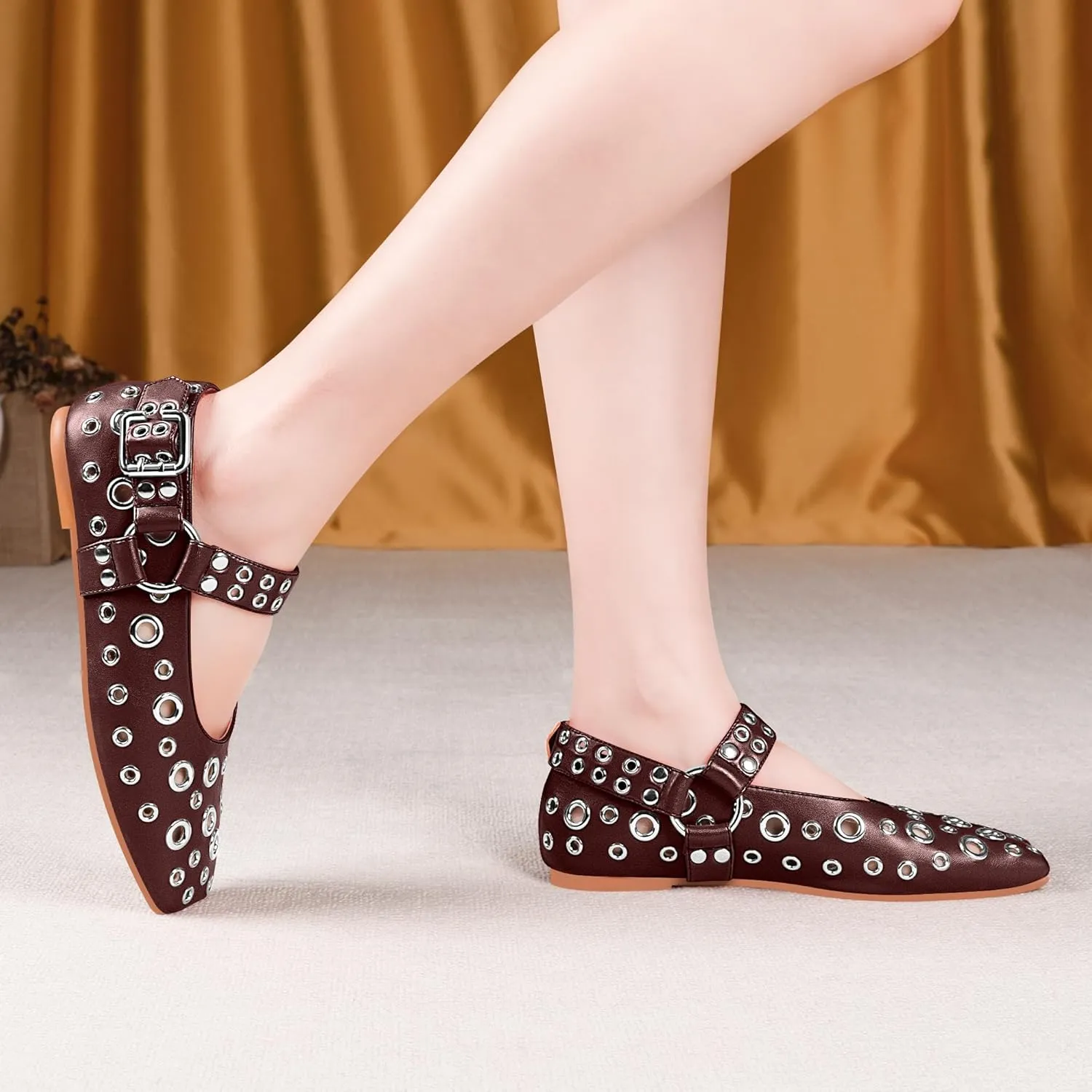 100FIXEO Women's Buckle Ballet Flats Punk Square Toe Studded Grommet Mary Jane Shoes