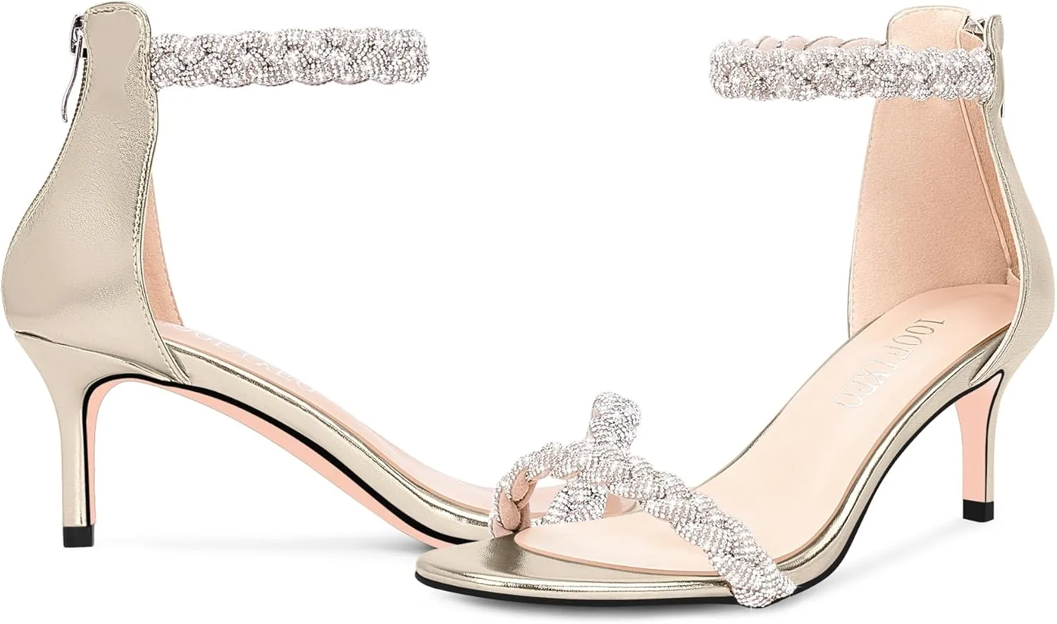 100FIXEO Women's Rhinestone Low Stiletto Heels Ankle Strap Open Toe Heeled Sandals Wedding Dress Shoes