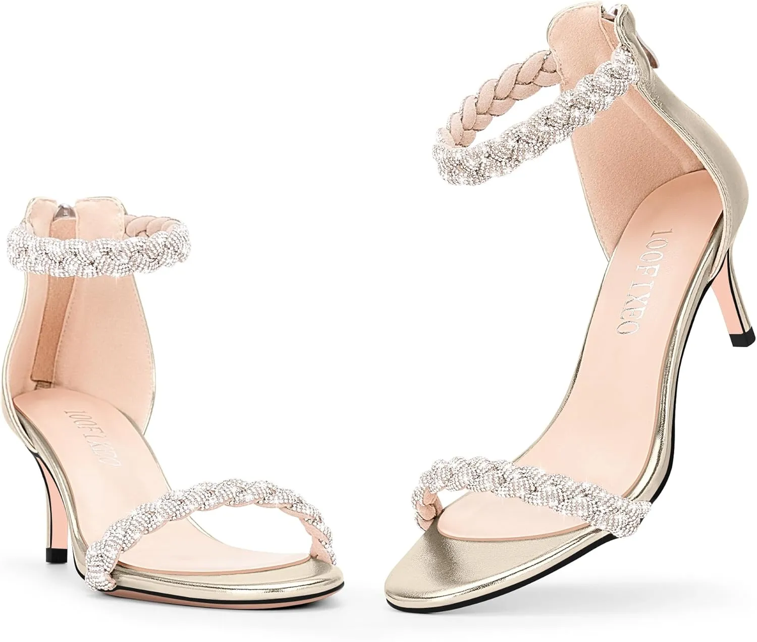 100FIXEO Women's Rhinestone Low Stiletto Heels Ankle Strap Open Toe Heeled Sandals Wedding Dress Shoes