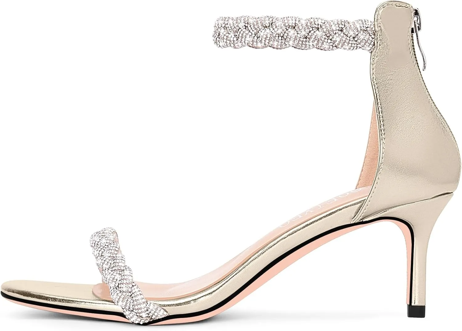 100FIXEO Women's Rhinestone Low Stiletto Heels Ankle Strap Open Toe Heeled Sandals Wedding Dress Shoes