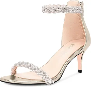 100FIXEO Women's Rhinestone Low Stiletto Heels Ankle Strap Open Toe Heeled Sandals Wedding Dress Shoes
