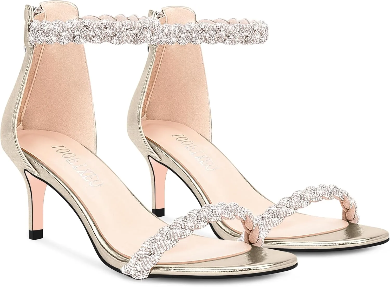 100FIXEO Women's Rhinestone Low Stiletto Heels Ankle Strap Open Toe Heeled Sandals Wedding Dress Shoes