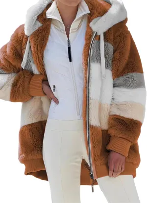 2024 New Rcontrasting Lamb Wool Padded Coat Sherpa Hoodie Lined Jacket Women Faux Fur Shearling Fleece Zip Shacket