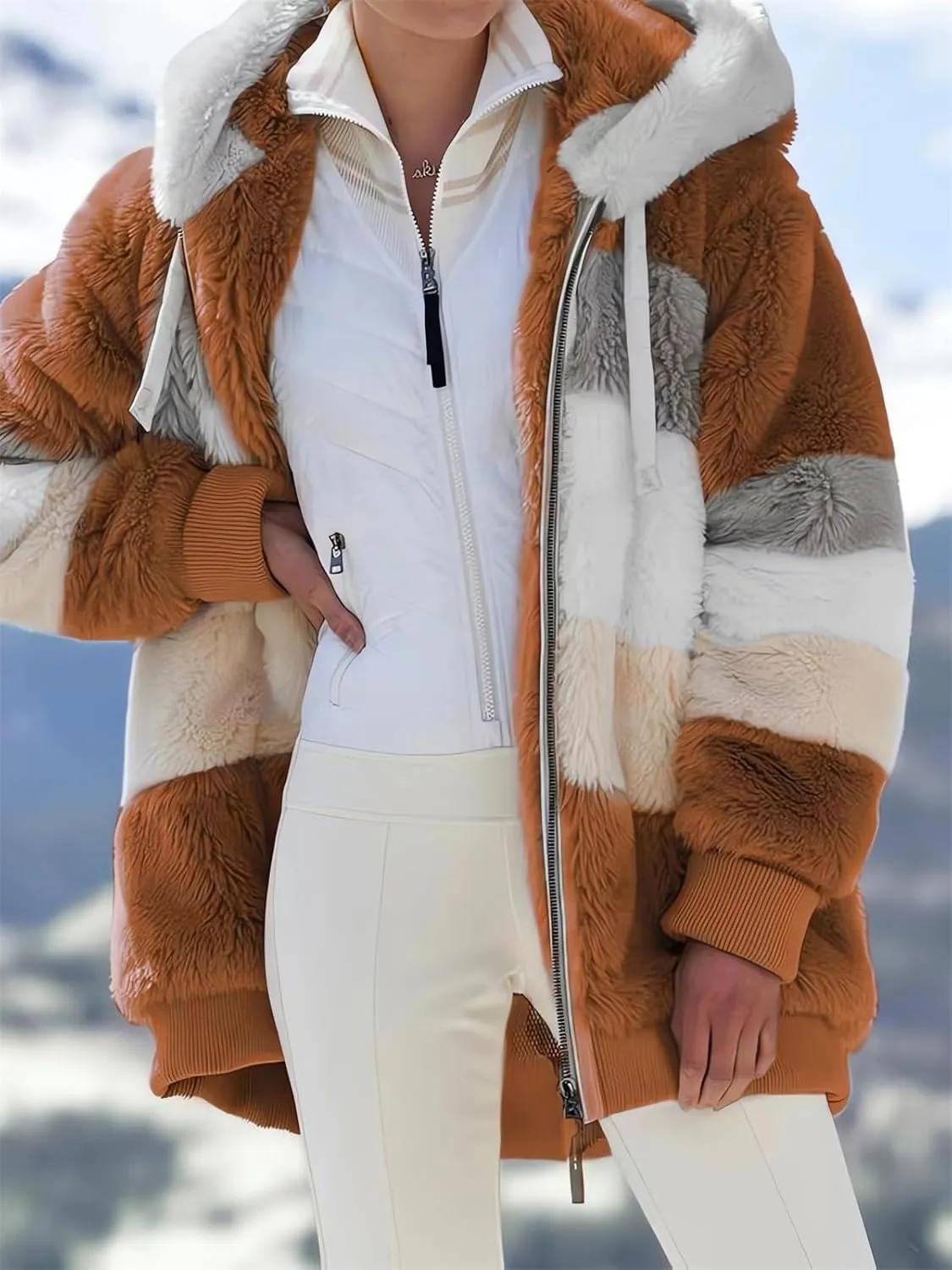 2024 New Rcontrasting Lamb Wool Padded Coat Sherpa Hoodie Lined Jacket Women Faux Fur Shearling Fleece Zip Shacket
