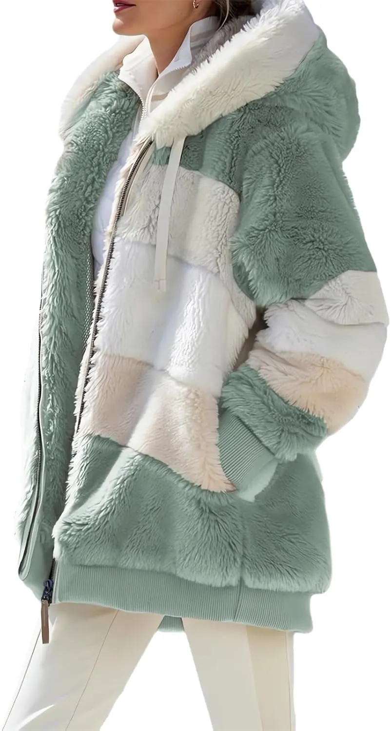 2024 New Rcontrasting Lamb Wool Padded Coat Sherpa Hoodie Lined Jacket Women Faux Fur Shearling Fleece Zip Shacket