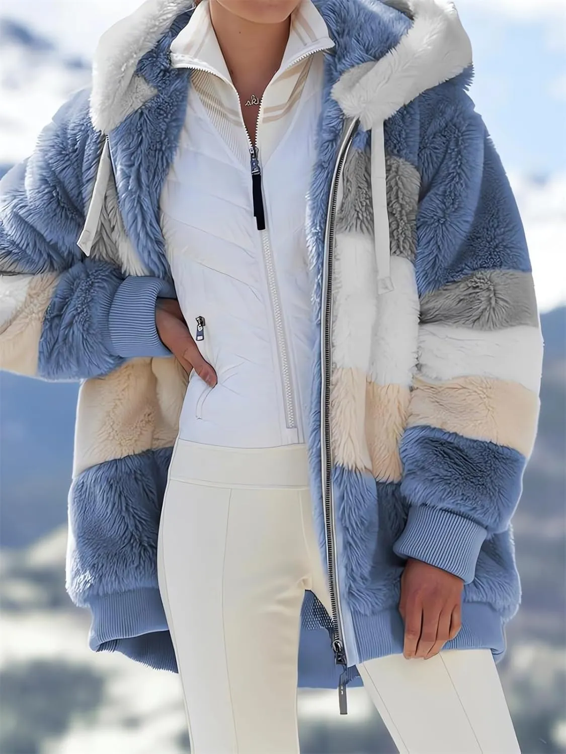 2024 New Rcontrasting Lamb Wool Padded Coat Sherpa Hoodie Lined Jacket Women Faux Fur Shearling Fleece Zip Shacket