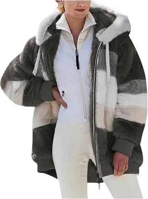 2024 New Rcontrasting Lamb Wool Padded Coat Sherpa Hoodie Lined Jacket Women Faux Fur Shearling Fleece Zip Shacket