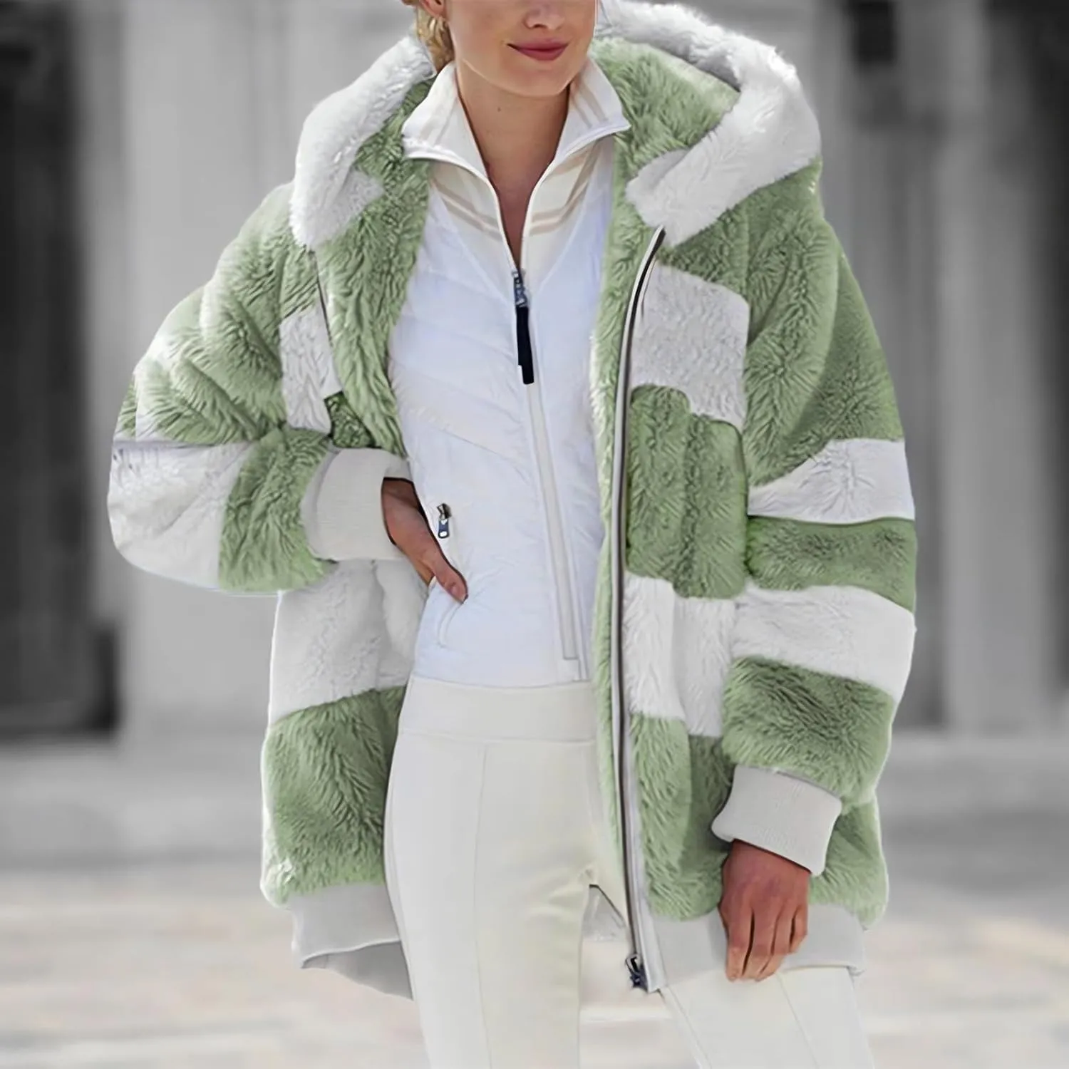 2024 New Rcontrasting Lamb Wool Padded Coat Sherpa Hoodie Lined Jacket Women Faux Fur Shearling Fleece Zip Shacket
