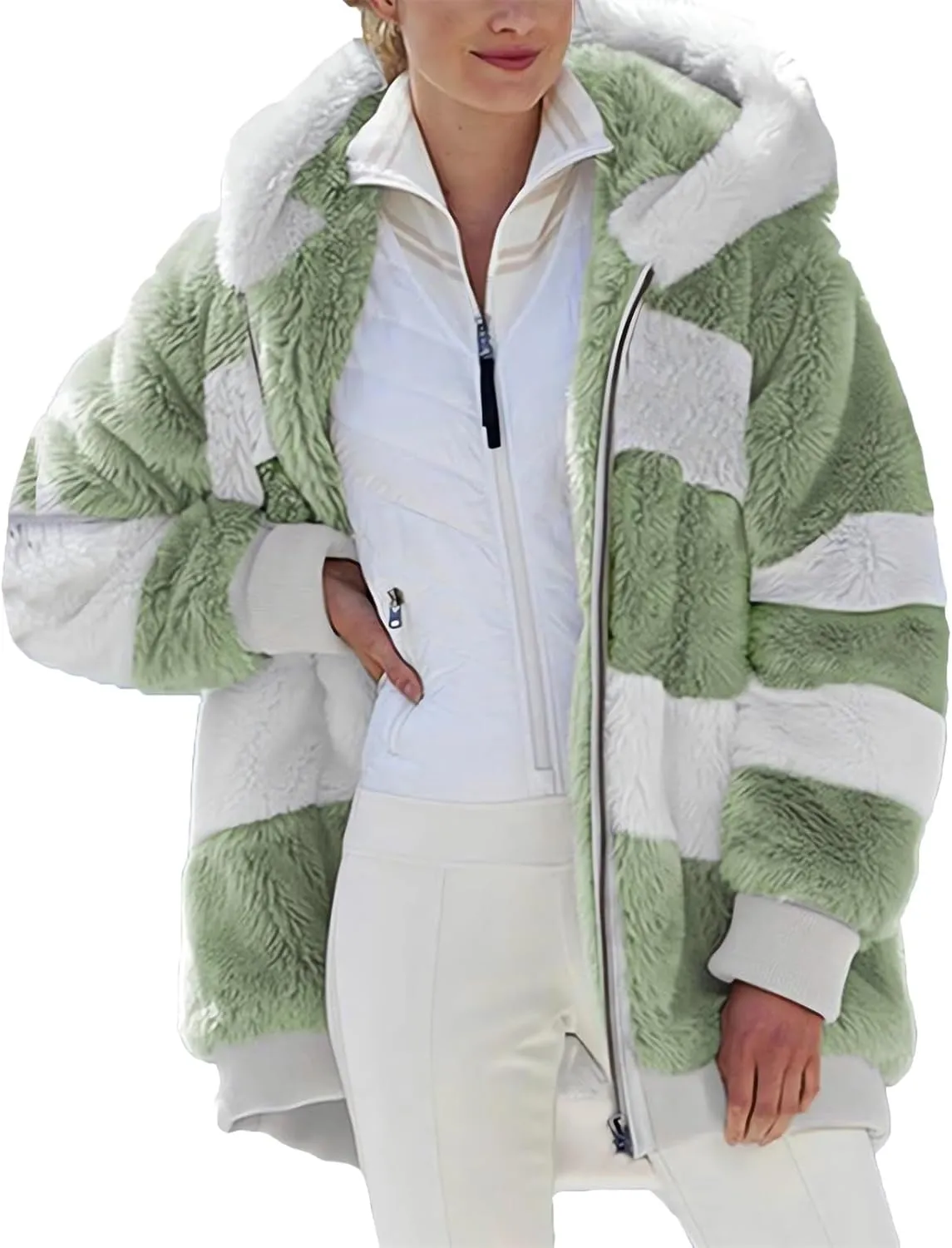 2024 New Rcontrasting Lamb Wool Padded Coat Sherpa Hoodie Lined Jacket Women Faux Fur Shearling Fleece Zip Shacket