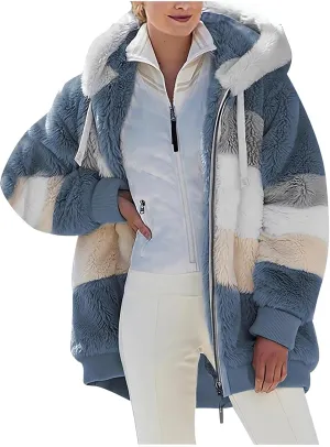 2024 New Rcontrasting Lamb Wool Padded Coat Sherpa Hoodie Lined Jacket Women Faux Fur Shearling Fleece Zip Shacket