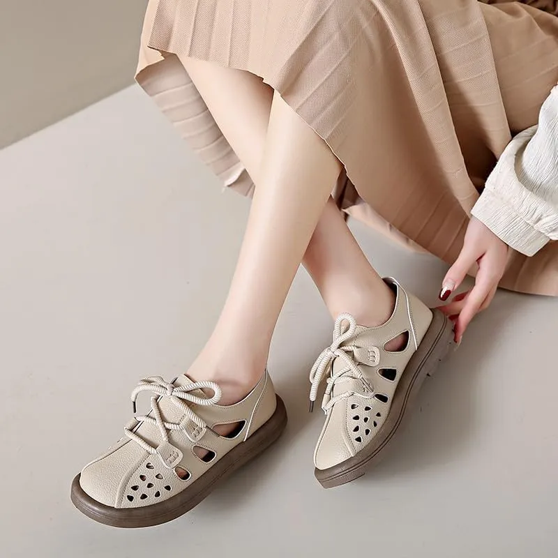 2025 spring and summer new retro hollow sandals women's Korean version large size casual student lace-up hole shoes ins tide,Wear-resistant and lightweight