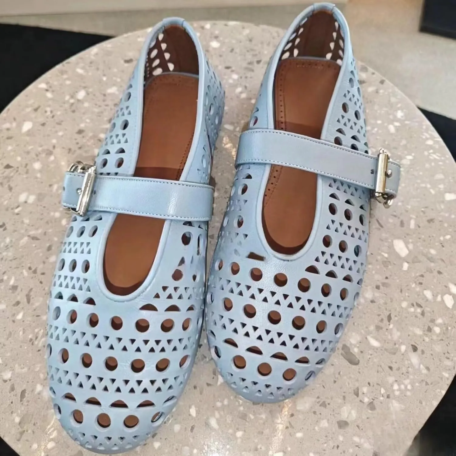 Agodor Ballerina Flats for Women,Hollow Out Round Toe Mary Jane Flats Buckle Strap Low Heel Ballet Flats Shoes for Women,Casual Comfy Daily Dress Shoes