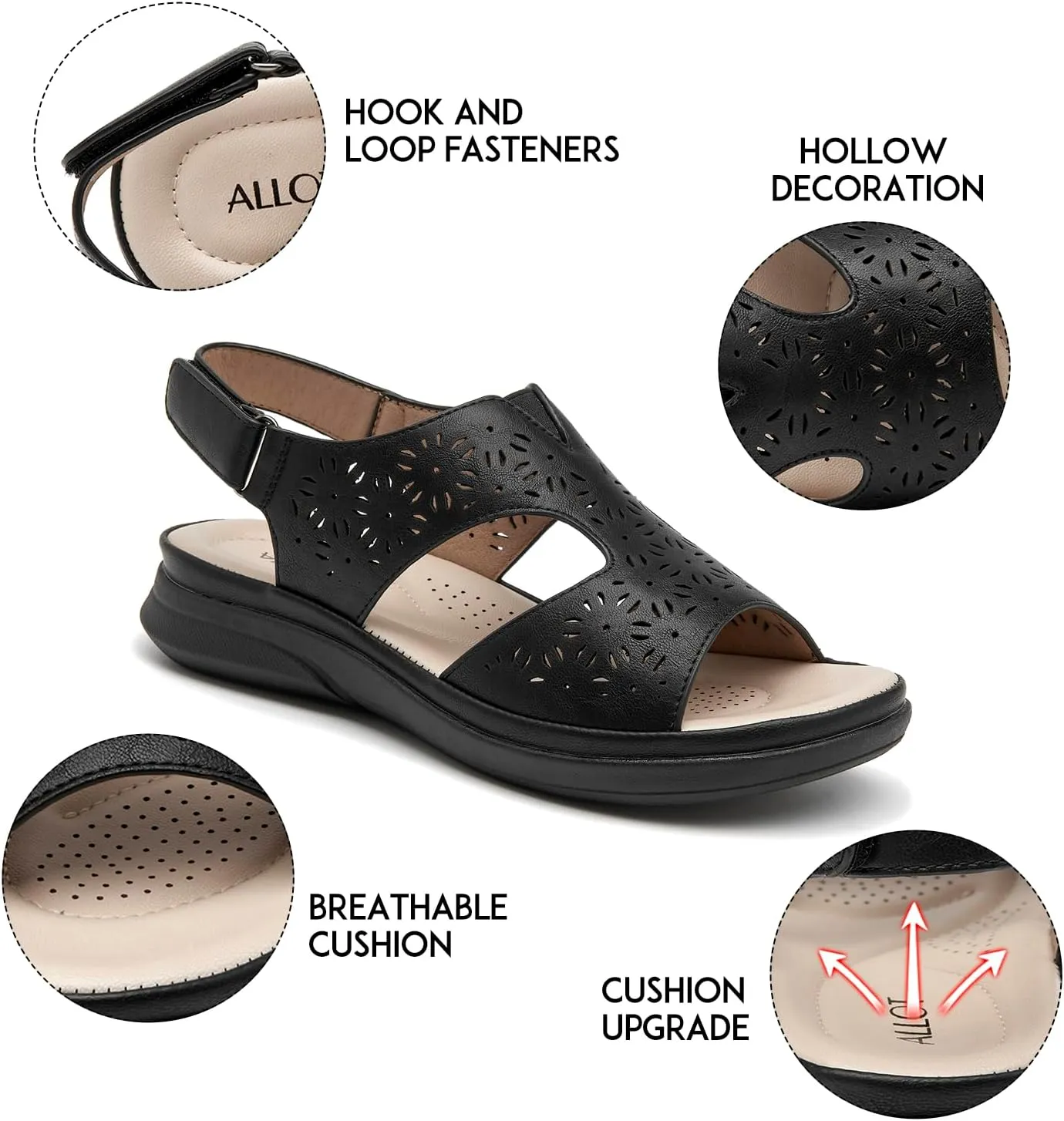 ALLOT Women's Comfortable Orthotic Arch Support Sandals Wedge Beach Walking Sandals Adjustable Ankle Strap Open Toe Dressy Summer Shoe