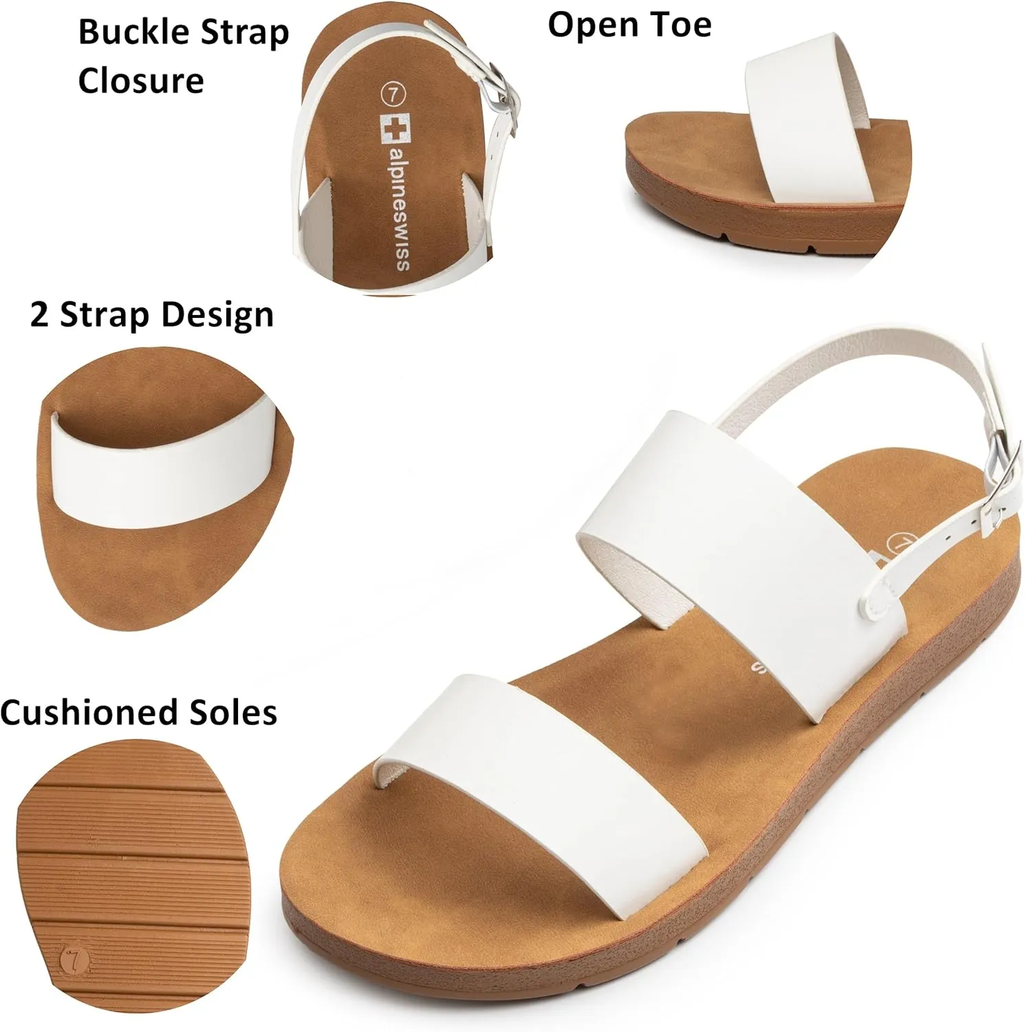 Alpine Swiss Beth Womens Sandals | Flat Two Strap Buckle Summer Shoes | Comfortable Everyday Footbed Slides | Casual Slip On Sandals for Women