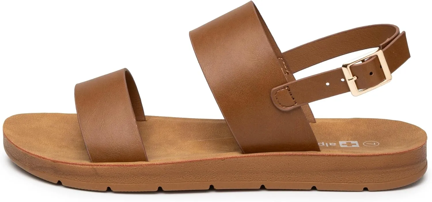 Alpine Swiss Beth Womens Sandals | Flat Two Strap Buckle Summer Shoes | Comfortable Everyday Footbed Slides | Casual Slip On Sandals for Women