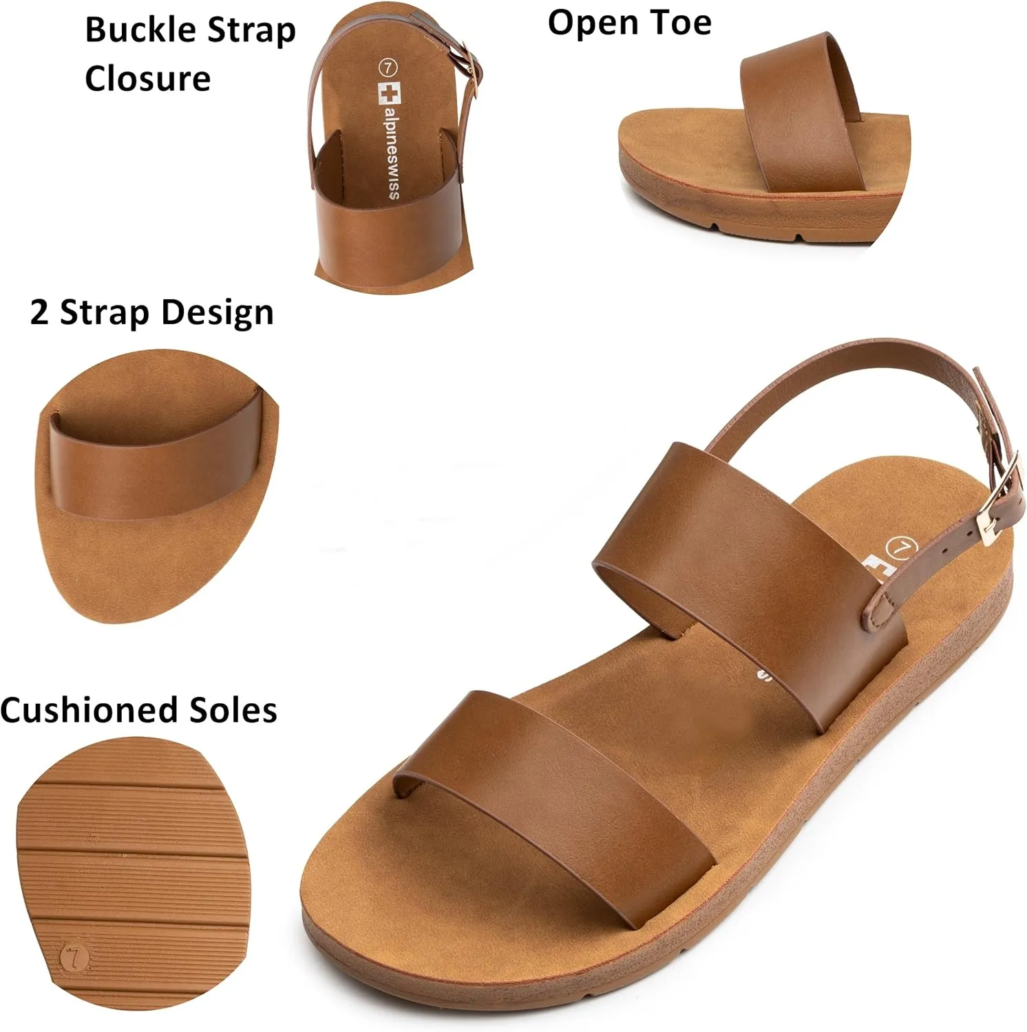 Alpine Swiss Beth Womens Sandals | Flat Two Strap Buckle Summer Shoes | Comfortable Everyday Footbed Slides | Casual Slip On Sandals for Women