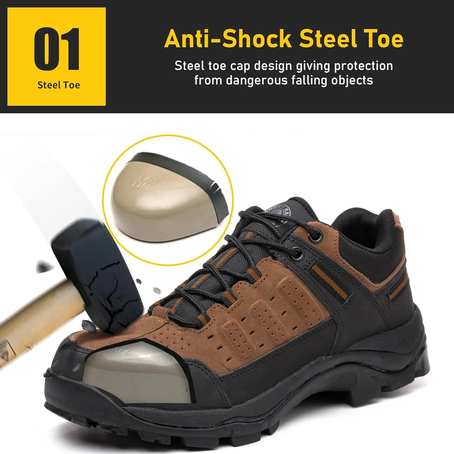 ANGRYRAM Brown Steel Toe Work Shoes for Men Women, Lightweight, Breathable, Slip Resistant, Puncture Proof, Comfortable, Ideal for Construction Industry