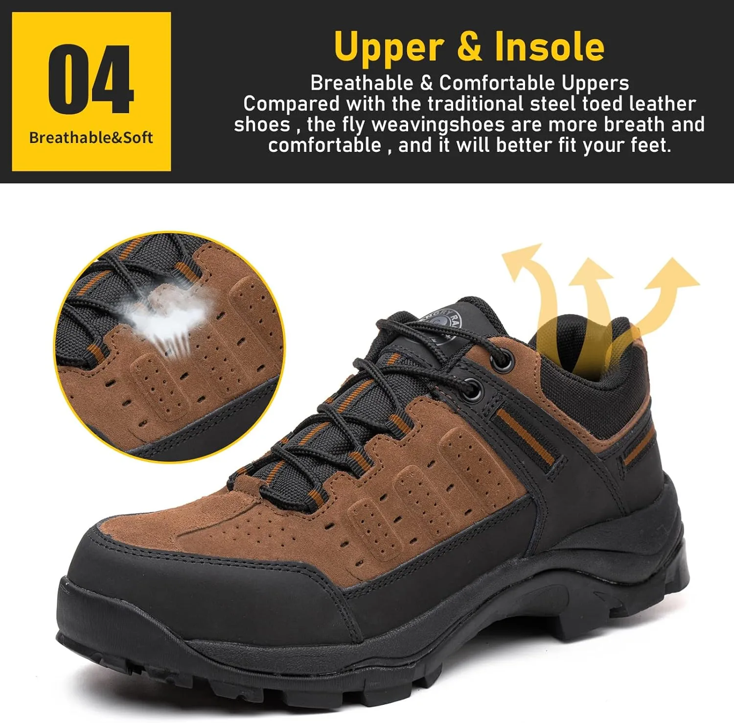 ANGRYRAM Brown Steel Toe Work Shoes for Men Women, Lightweight, Breathable, Slip Resistant, Puncture Proof, Comfortable, Ideal for Construction Industry