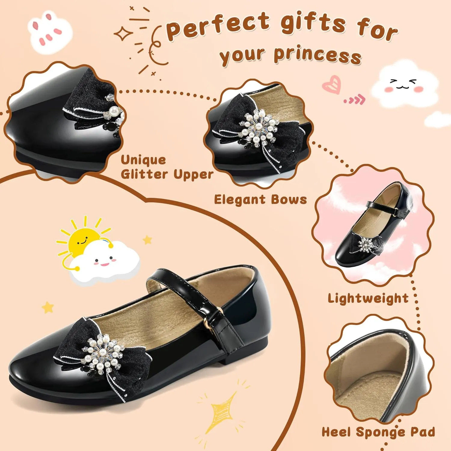 Aomigoct Girls Flats Dress Shoes: Little Kid Princess Ballerina Flats for Birthday Party - Girls Mary Jane Shoe for Wedding School