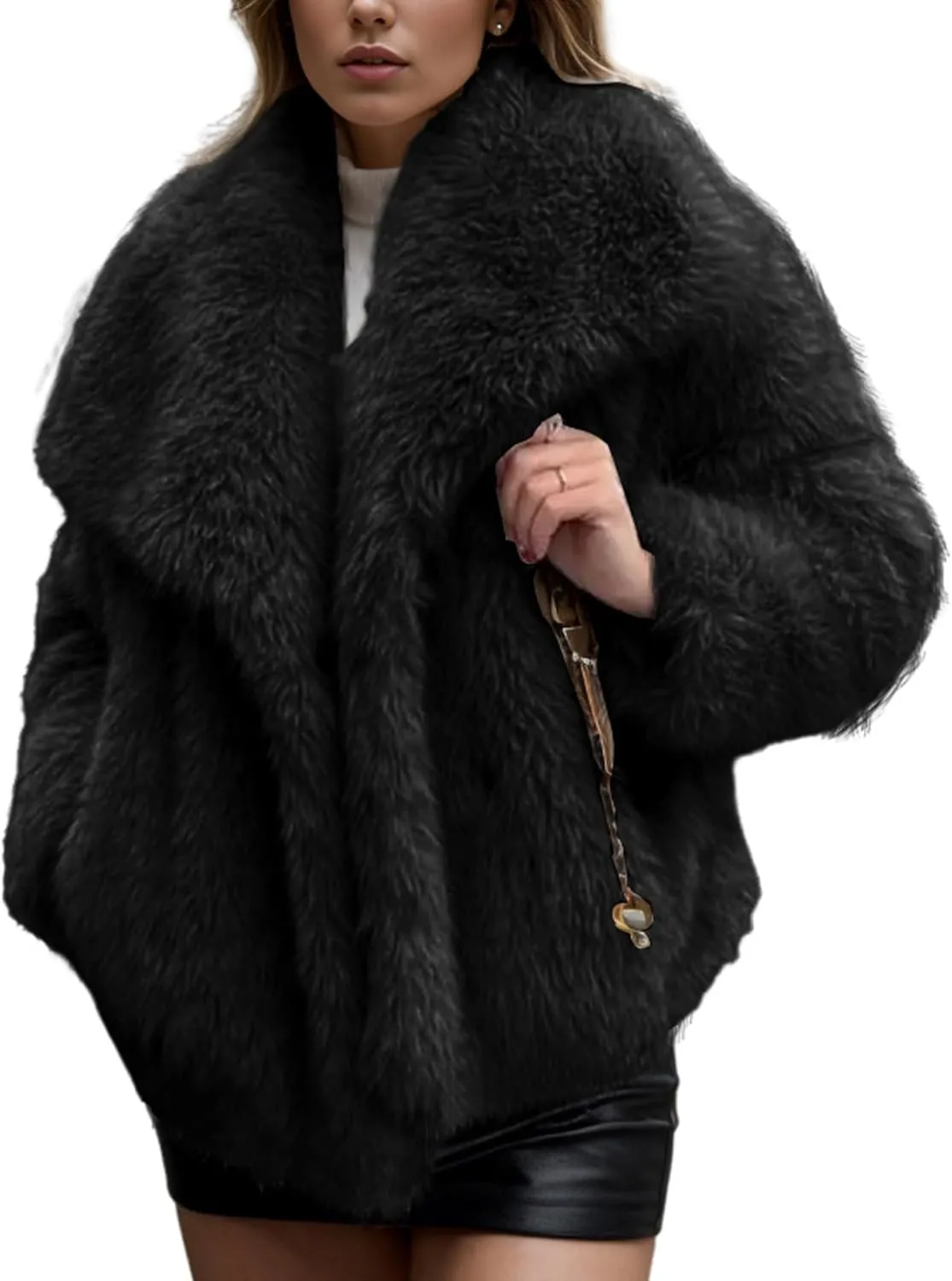 Arssm Womens Fluffy Coat Faux Fur Cardigan Jacket Long Sleeve Lapel Faux Fur Coat Outwear Warm Winter