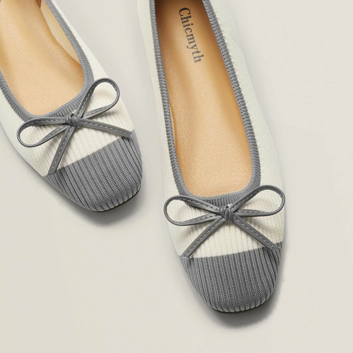 Ballet Flats for Women | Knit Square Toe Slip on Flats | Two-Tone Bowknot Shoes