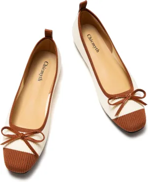 Ballet Flats for Women | Knit Square Toe Slip on Flats | Two-Tone Bowknot Shoes