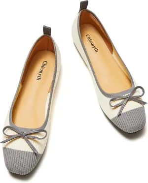 Ballet Flats for Women | Knit Square Toe Slip on Flats | Two-Tone Bowknot Shoes