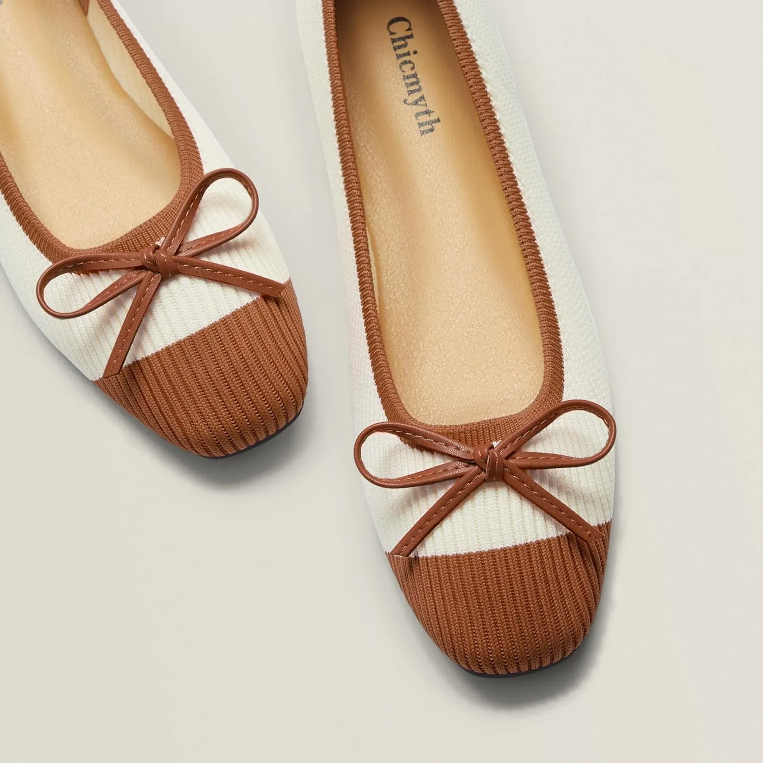 Ballet Flats for Women | Knit Square Toe Slip on Flats | Two-Tone Bowknot Shoes