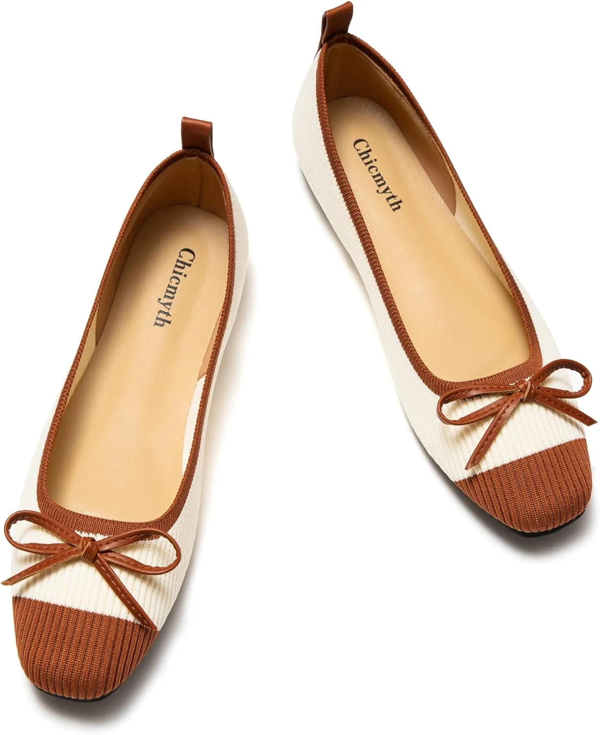 Ballet Flats for Women | Knit Square Toe Slip on Flats | Two-Tone Bowknot Shoes