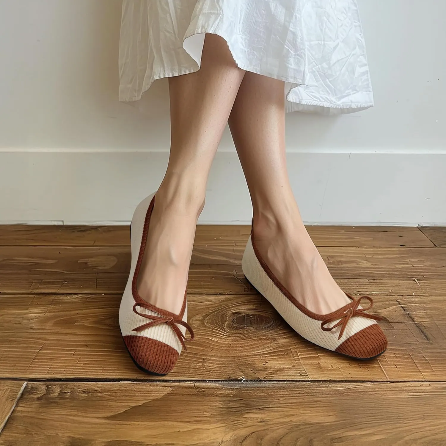 Ballet Flats for Women | Knit Square Toe Slip on Flats | Two-Tone Bowknot Shoes