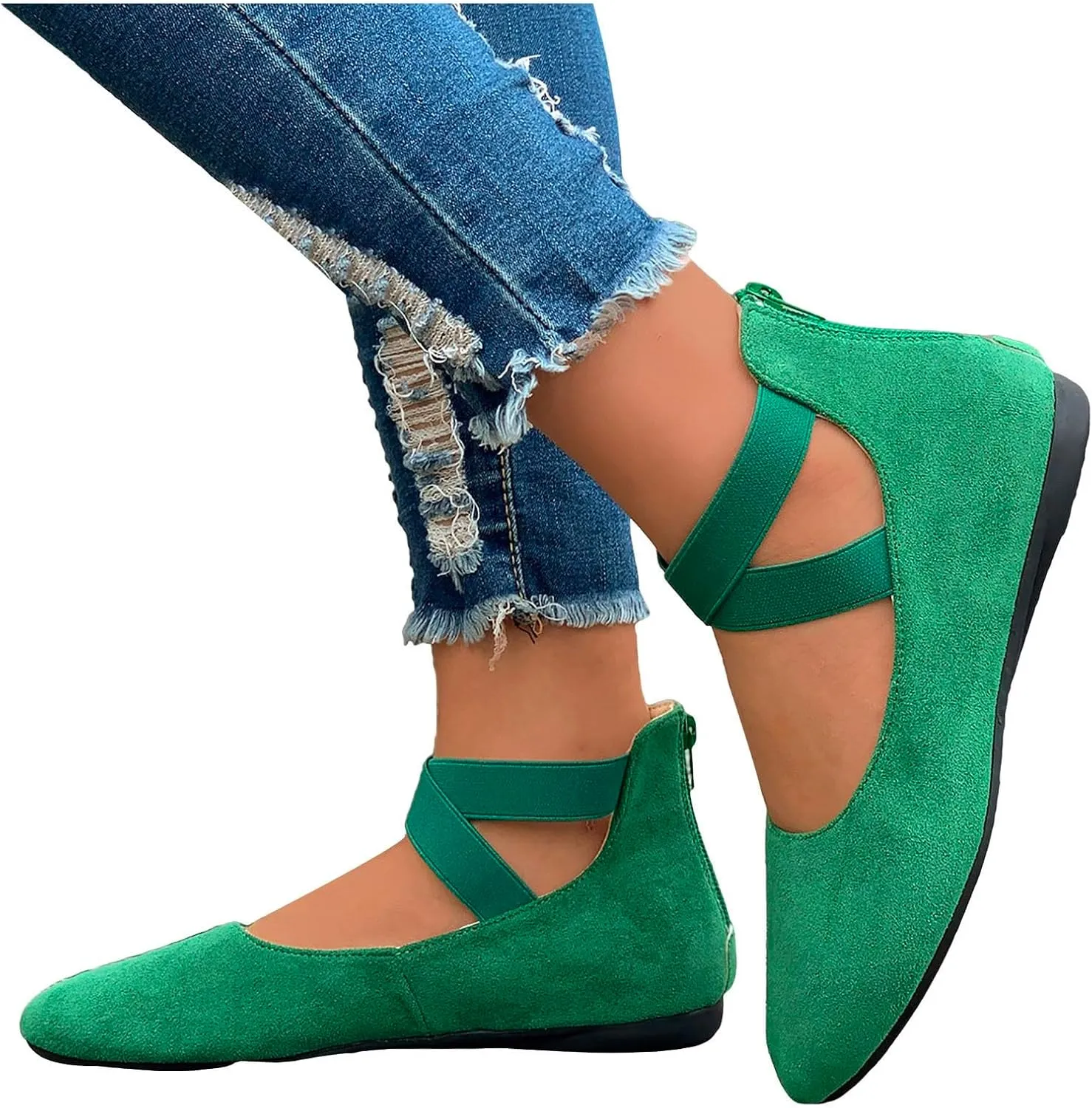 Ballet Flats Shoes for Women with Strap Comfortable Criss-Cross Elastic Ankle Straps Flats Shoes Round Toe Slip on Dress Flat Shoes