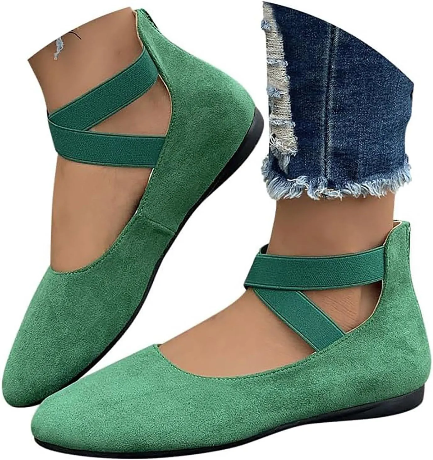 Ballet Flats Shoes for Women with Strap Comfortable Criss-Cross Elastic Ankle Straps Flats Shoes Round Toe Slip on Dress Flat Shoes