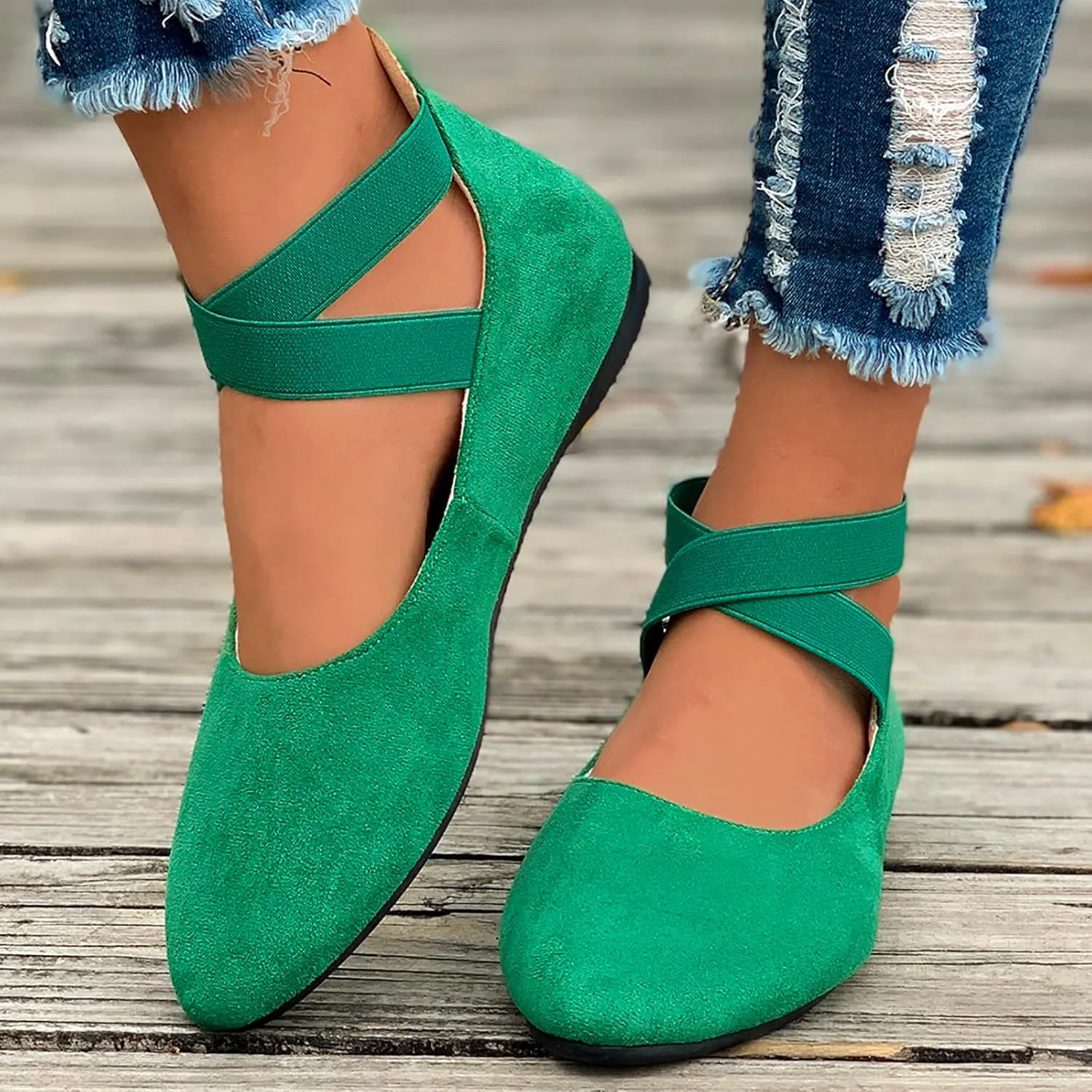 Ballet Flats Shoes for Women with Strap Comfortable Criss-Cross Elastic Ankle Straps Flats Shoes Round Toe Slip on Dress Flat Shoes