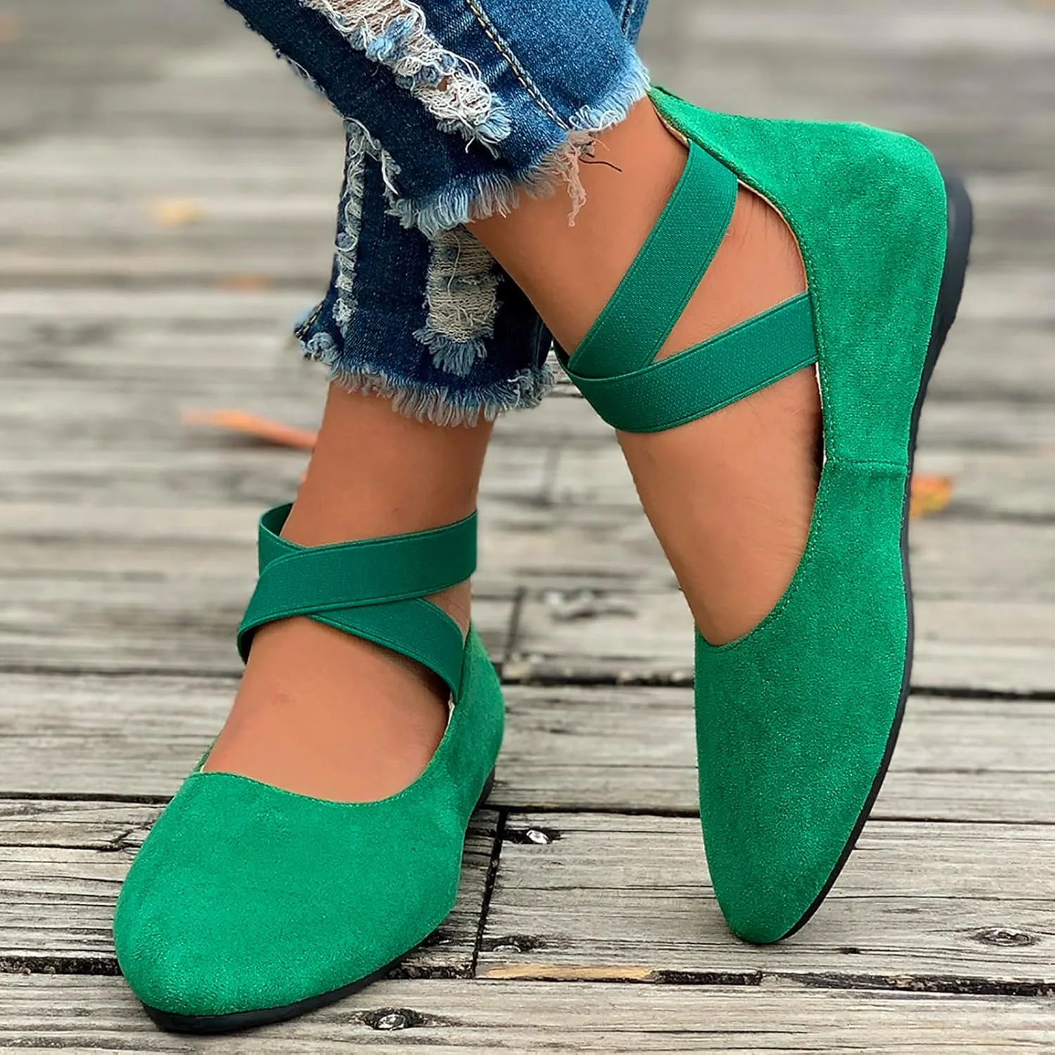 Ballet Flats Shoes for Women with Strap Comfortable Criss-Cross Elastic Ankle Straps Flats Shoes Round Toe Slip on Dress Flat Shoes
