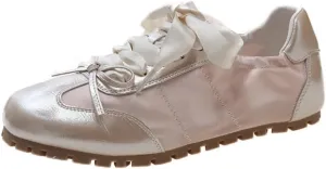 Ballet Sneakers for Women Round Toe Sneakerina Shoes Flats with Bows Satin Cute Y2K Retro Kawaii Elegant Dressy Fashion Trendy Tennis Trainers Gifts for Daughter Back to School Spring Summer Outdoors