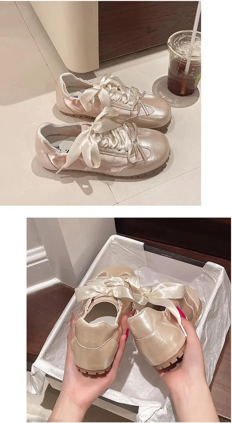 Ballet Sneakers for Women Round Toe Sneakerina Shoes Flats with Bows Satin Cute Y2K Retro Kawaii Elegant Dressy Fashion Trendy Tennis Trainers Gifts for Daughter Back to School Spring Summer Outdoors