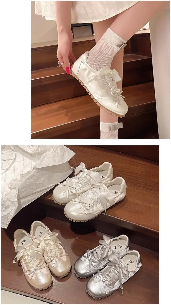 Ballet Sneakers for Women Round Toe Sneakerina Shoes Flats with Bows Satin Cute Y2K Retro Kawaii Elegant Dressy Fashion Trendy Tennis Trainers Gifts for Daughter Back to School Spring Summer Outdoors