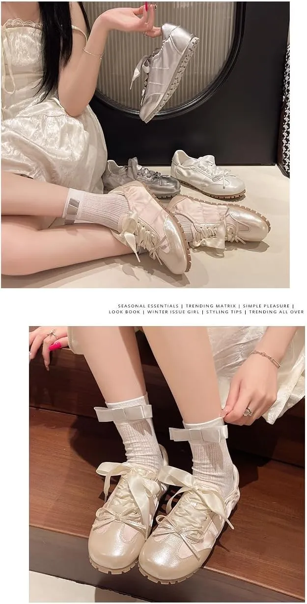 Ballet Sneakers for Women Round Toe Sneakerina Shoes Flats with Bows Satin Cute Y2K Retro Kawaii Elegant Dressy Fashion Trendy Tennis Trainers Gifts for Daughter Back to School Spring Summer Outdoors
