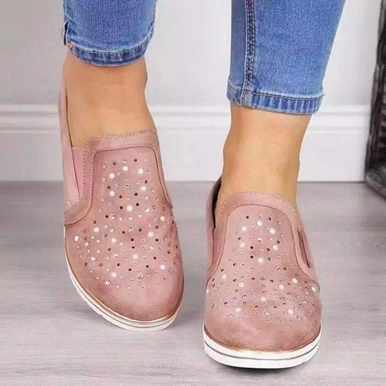 Bamboo Store Flats Shoes Women Dressy Wide Width Shoes Platform Ladies Casual Sneakers Loafers Crystal Women Studded Slides