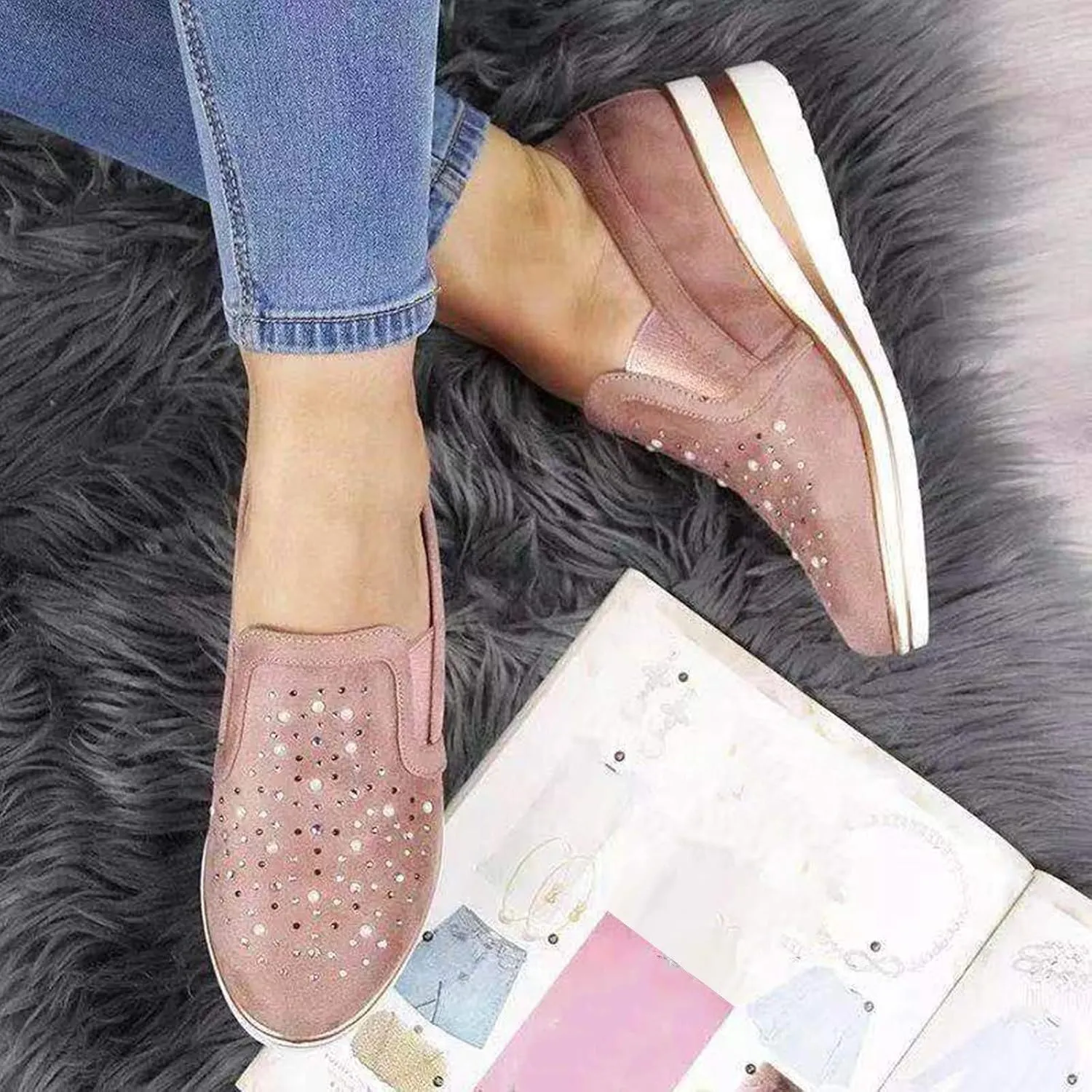 Bamboo Store Flats Shoes Women Dressy Wide Width Shoes Platform Ladies Casual Sneakers Loafers Crystal Women Studded Slides