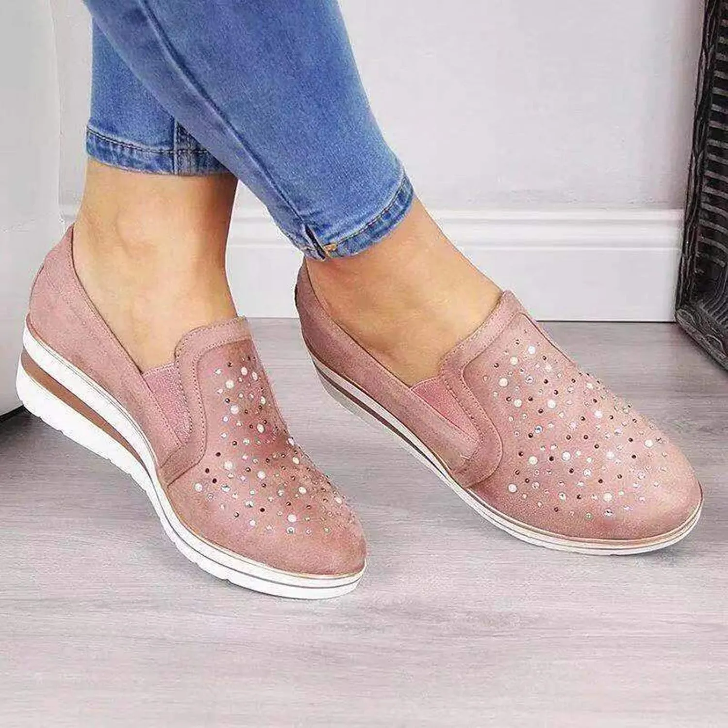 Bamboo Store Flats Shoes Women Dressy Wide Width Shoes Platform Ladies Casual Sneakers Loafers Crystal Women Studded Slides