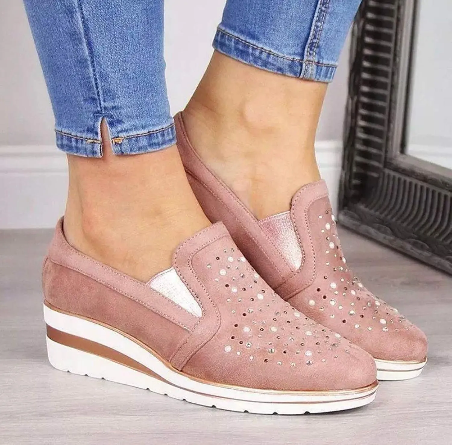 Bamboo Store Flats Shoes Women Dressy Wide Width Shoes Platform Ladies Casual Sneakers Loafers Crystal Women Studded Slides