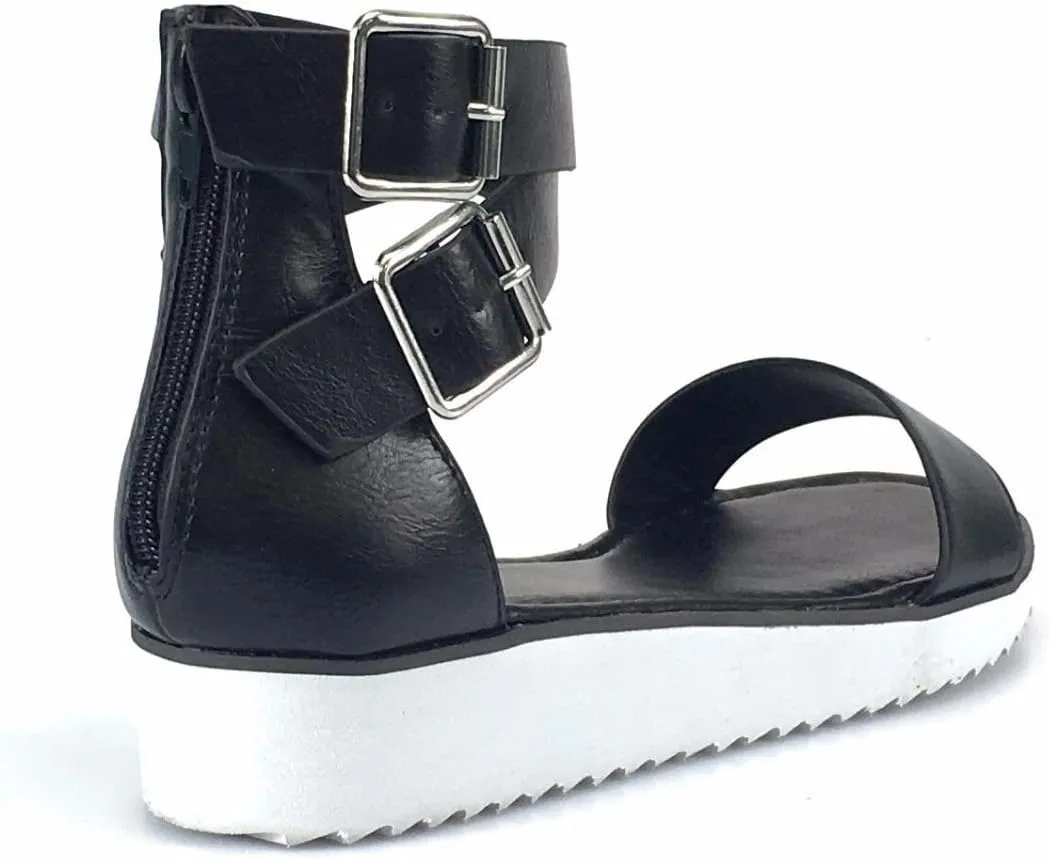 BAMBOO Women's Double Ankle Strap Faux Leather Platform Flats Sandal Pansy-02