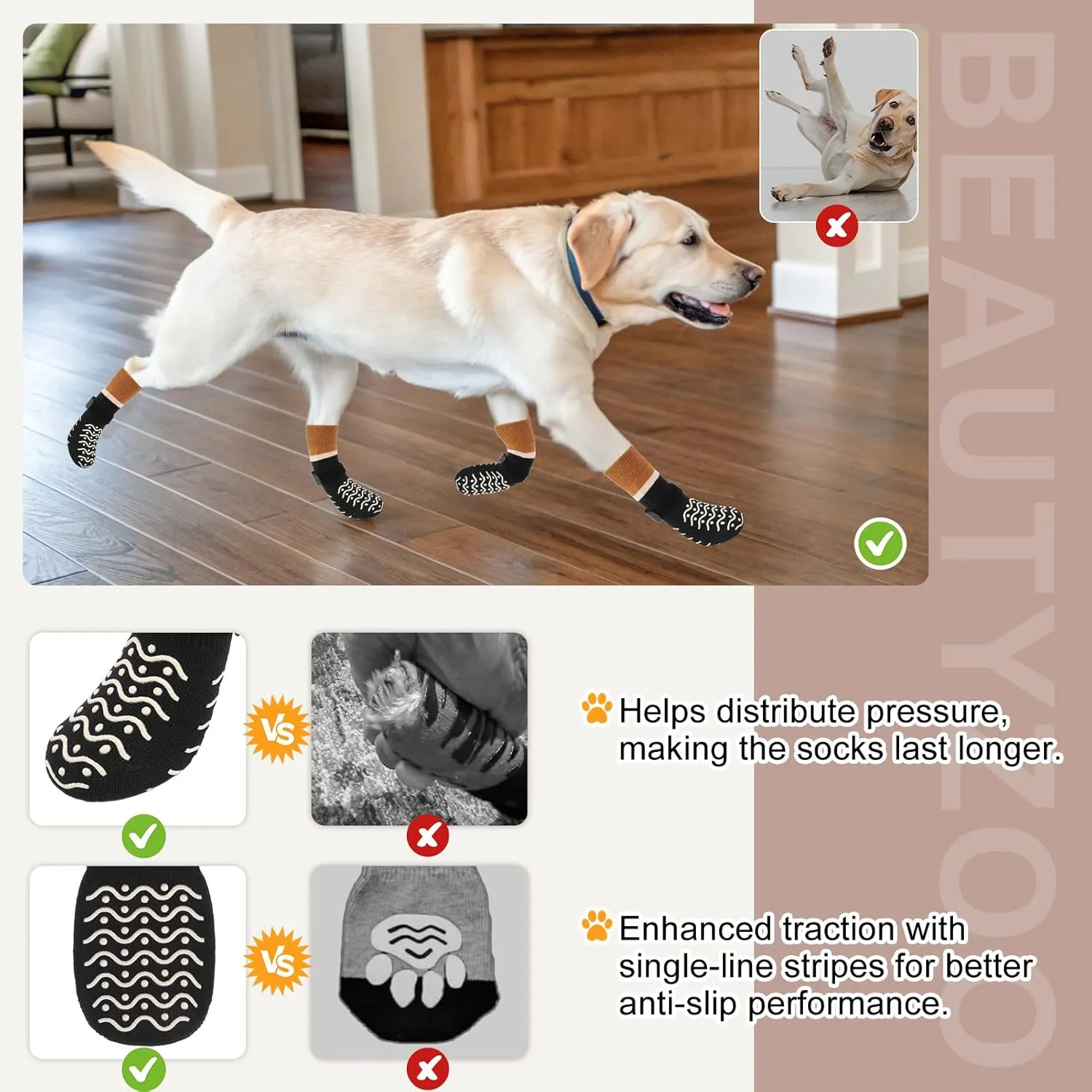 BEAUTYZOO Dog Socks, Non Slip Dog Socks to Prevent Licking Paws -Dog Boots & Paw Protectors with Grippers on Hardwood Floors, Dog Shoes for Hot/Cold Pavement Small Medium Large Senior Dogs Booties
