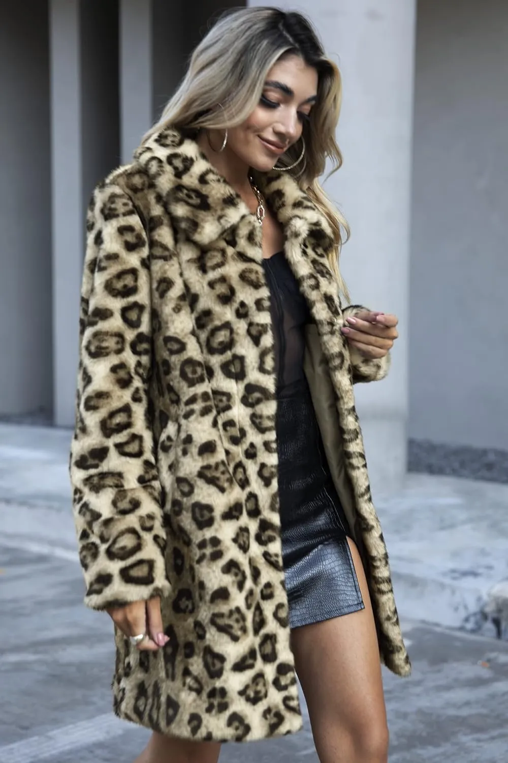 Bellivera Womens Leopard Print Fleece Coat, Spring and Winter Fashion Fuzzy Jacket Faux Fur Fluffy Cardigan Overcoat