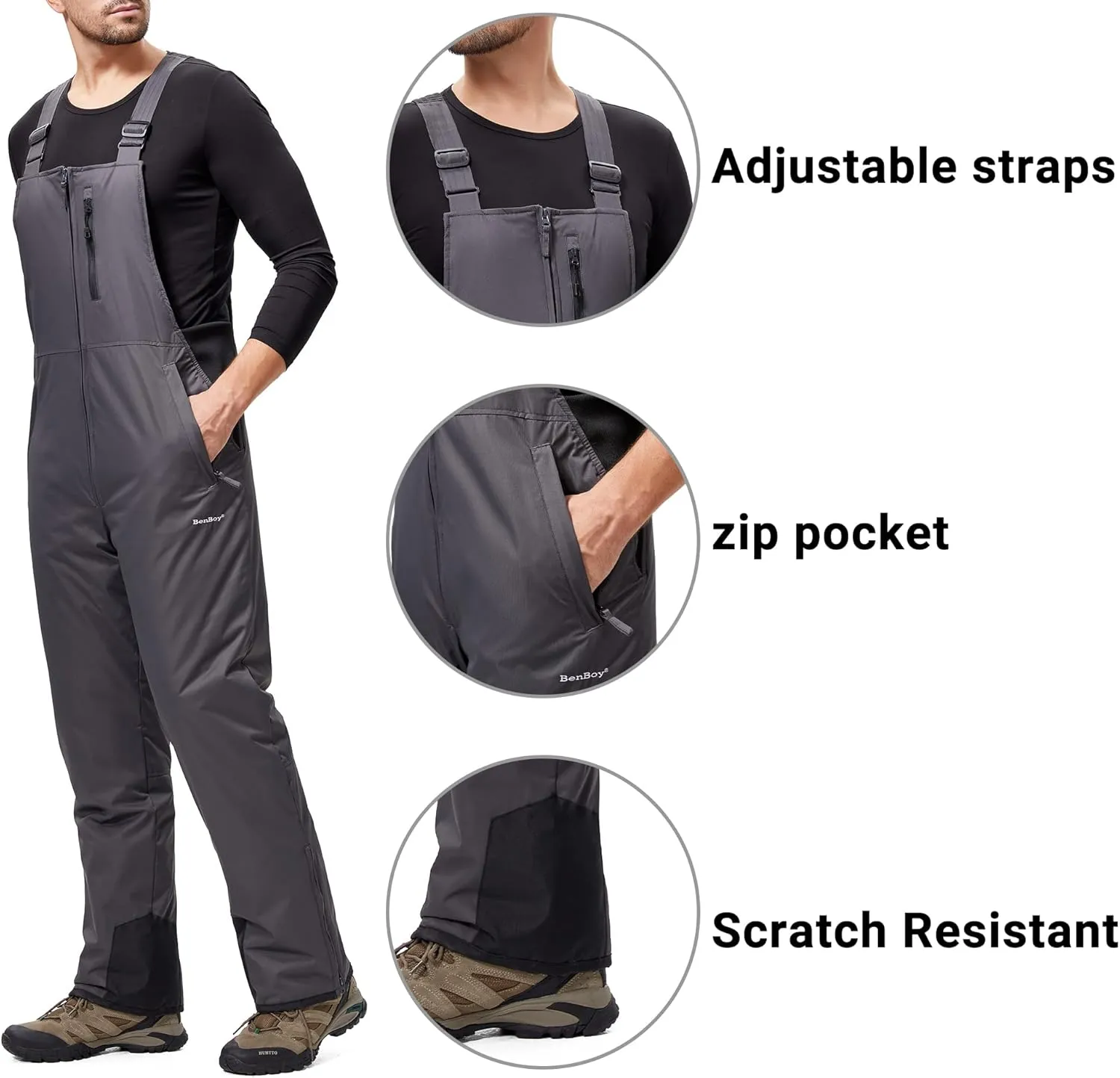 BenBoy Mens Snow Bibs Ski Pants Softshell Waterproof Insulated Ripstop Snowboarding Overalls Winter