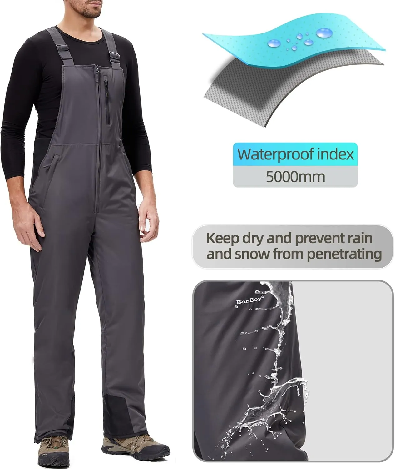 BenBoy Mens Snow Bibs Ski Pants Softshell Waterproof Insulated Ripstop Snowboarding Overalls Winter